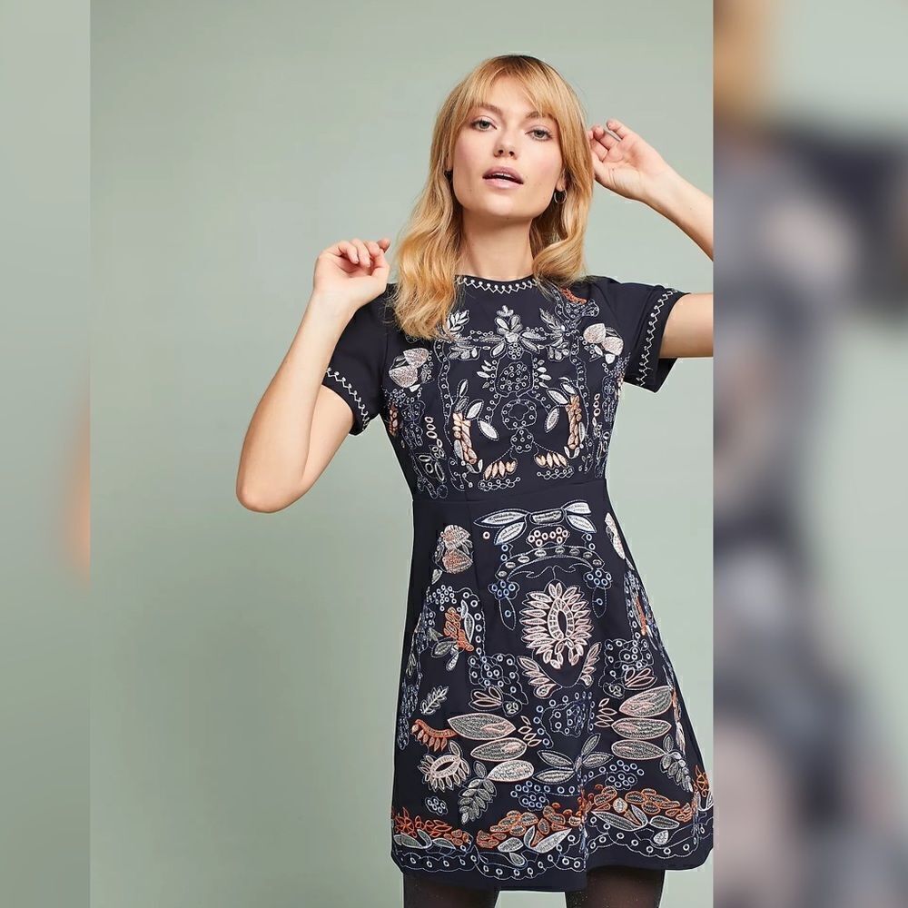 Anthropologie - Petite Embroided Cap-Sleeve Dress